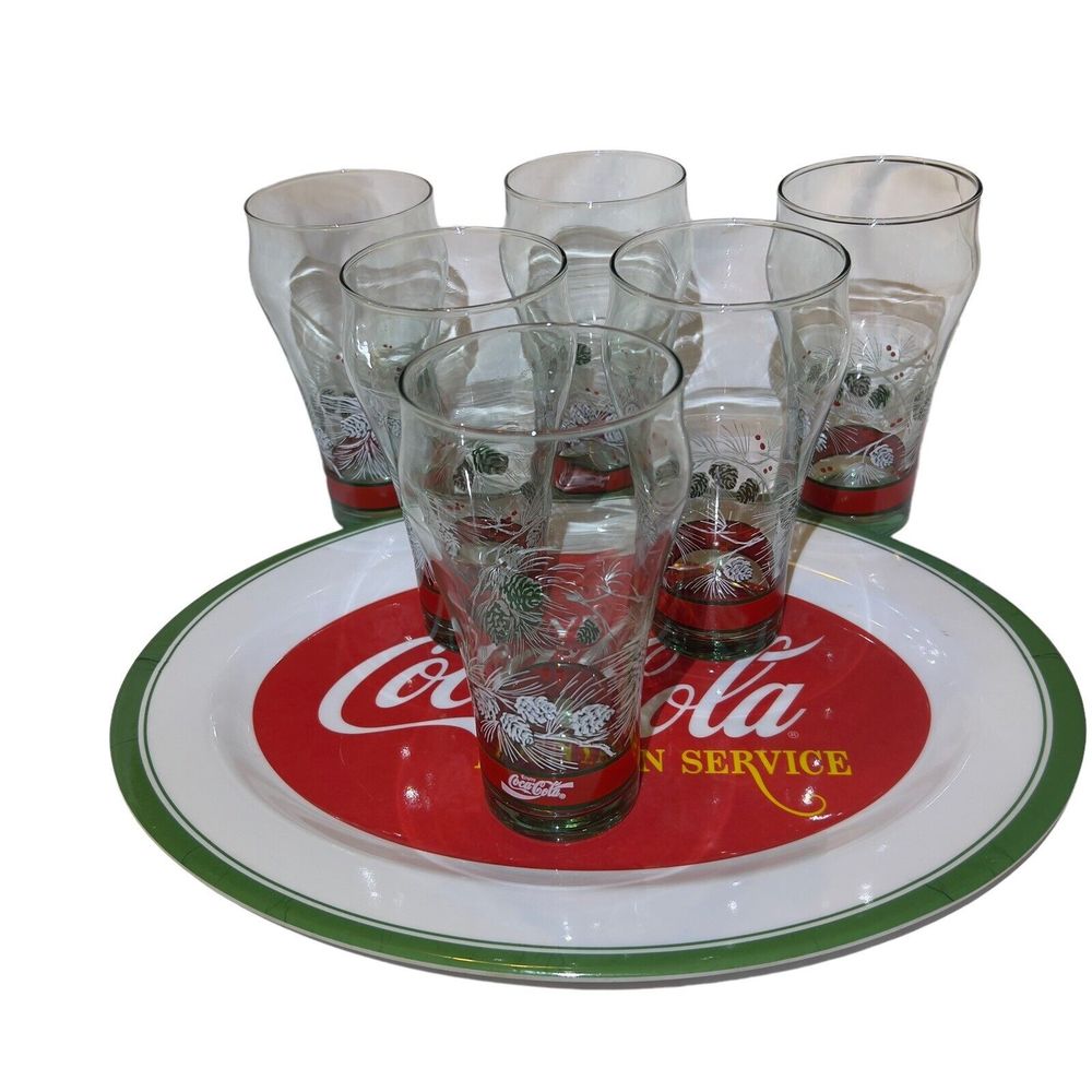 VTG 1990’s Coca Cola Christmas Holiday Pine Tree Cone 6 Glasses & Serve Tray Set